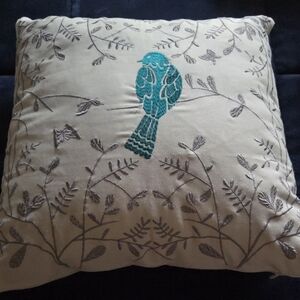 Teal Bird Embroidered Pillow